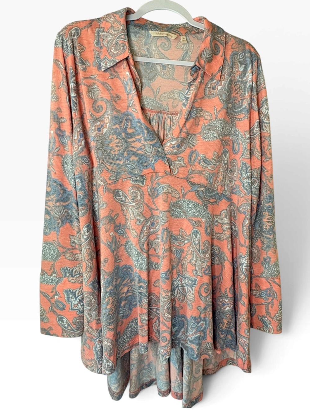 Soft Surroundings Coral and Teal Paisley V-Neck Tunic with Collar
